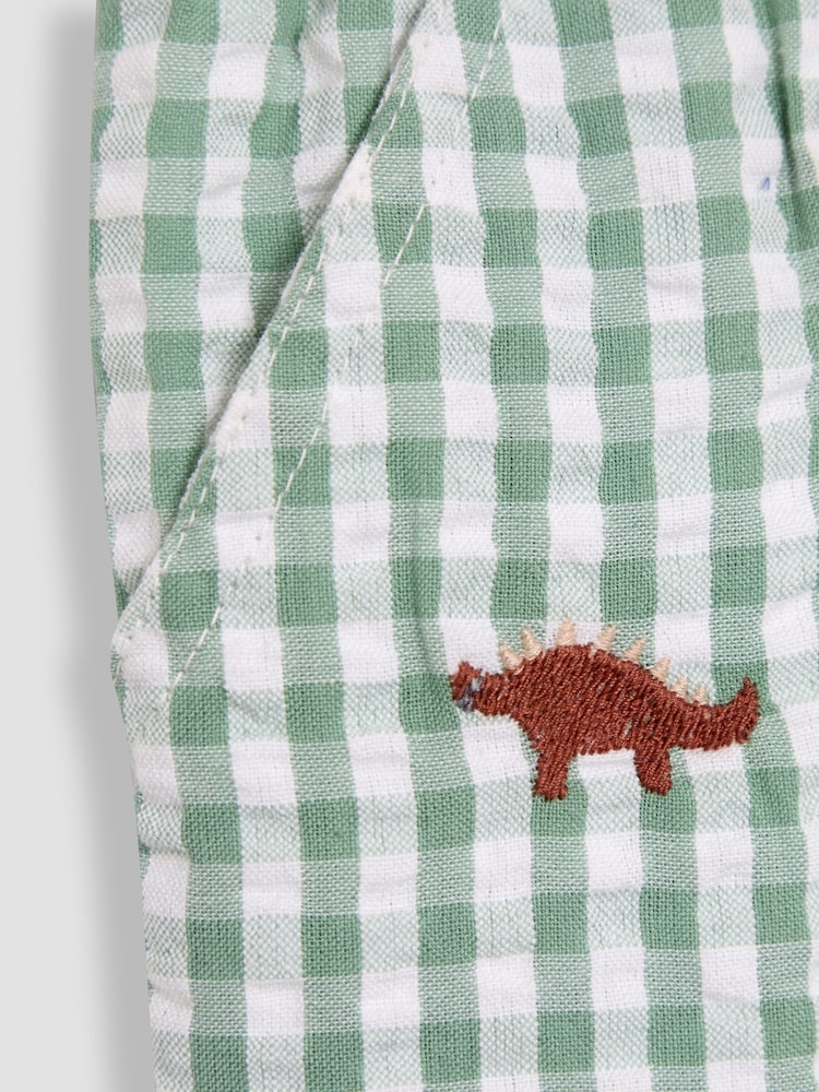 JoJo Maman Bébé Sage Green Dino Embroidered Twill Gingham Shorts - Image 3 of 3