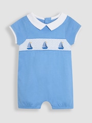 JoJo Maman Bébé Blue Boat Nautical Embroidered Smocked 100% Cotton Romper - Image 1 of 3