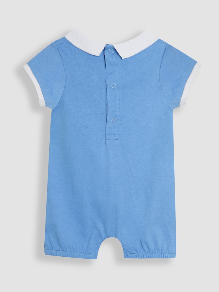 JoJo Maman Bébé Blue Boat Nautical Embroidered Smocked 100% Cotton Romper - Image 2 of 3