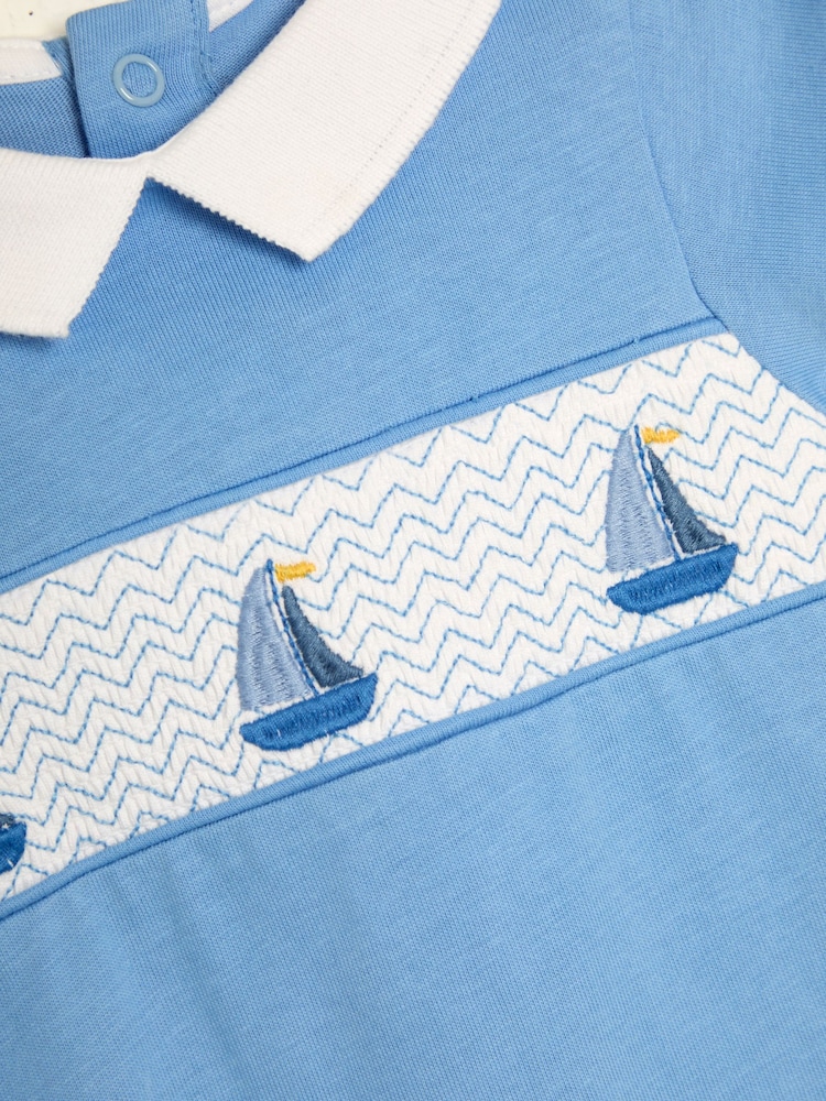 JoJo Maman Bébé Blue Boat Nautical Embroidered Smocked 100% Cotton Romper - Image 3 of 3
