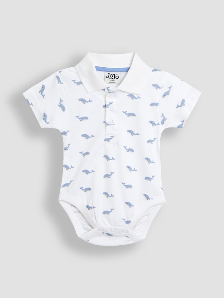 JoJo Maman Bébé White Whale Print 100% Cotton Polo Shirt Bodysuit - Image 1 of 3