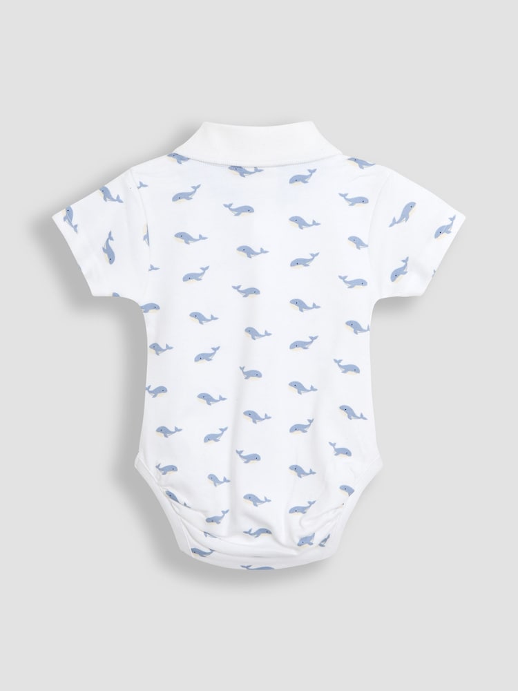 JoJo Maman Bébé White Whale Print 100% Cotton Polo Shirt Bodysuit - Image 2 of 3