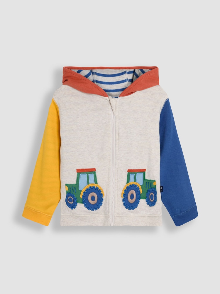 JoJo Maman Bébé Natural Tractor Appliqué Reversible Hoodie - Image 2 of 8