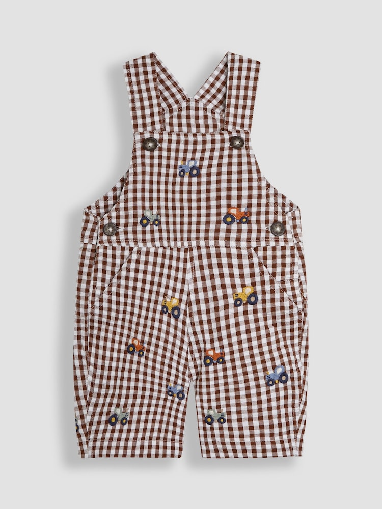 JoJo Maman Bébé Toffee Brown Tractor Embroidered Gingham Dungarees - Image 1 of 3