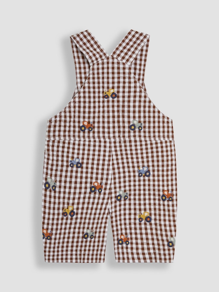 JoJo Maman Bébé Toffee Brown Tractor Embroidered Gingham Dungarees - Image 2 of 3
