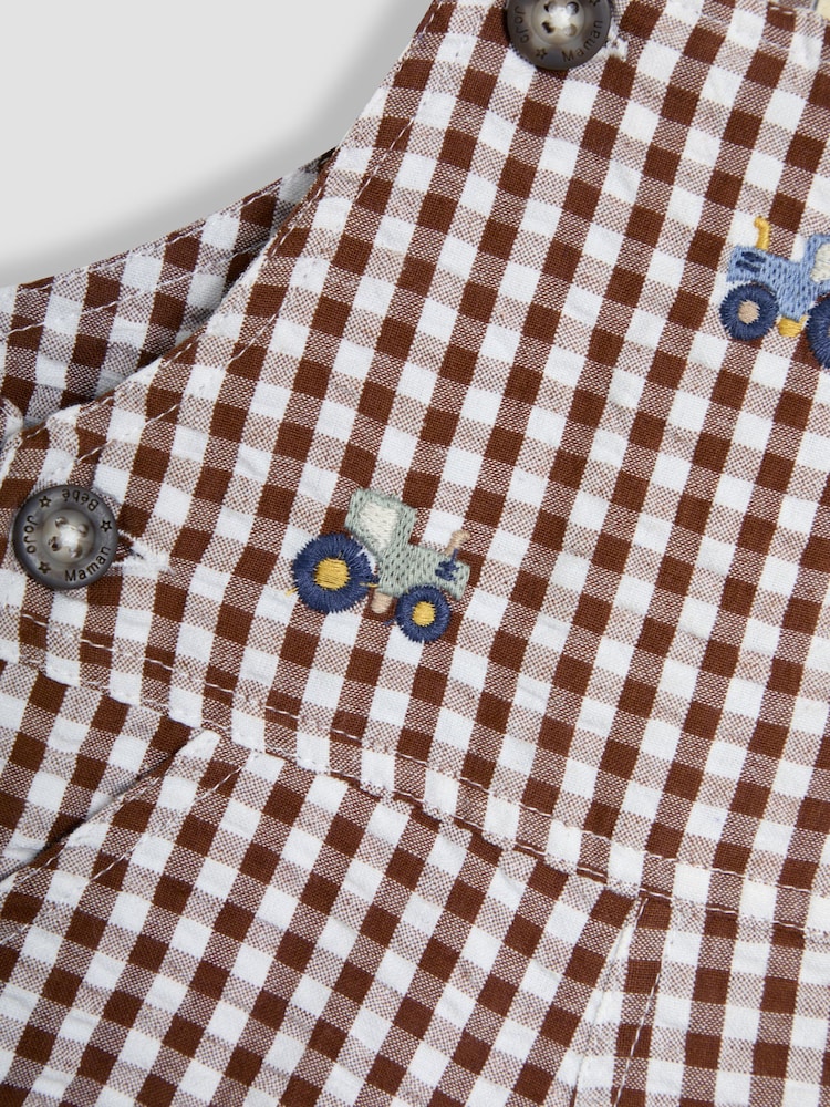 JoJo Maman Bébé Toffee Brown Tractor Embroidered Gingham Dungarees - Image 3 of 3