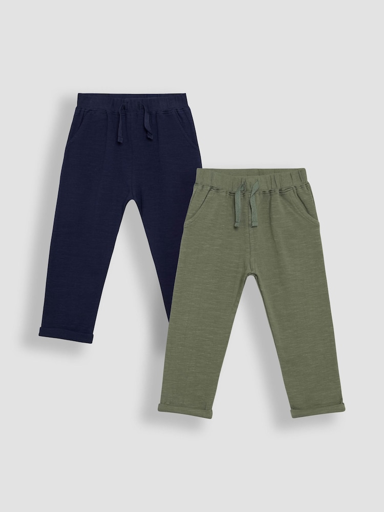 JoJo Maman Bébé Khaki Green & Navy Blue 2-Pack Relaxed Fit Turn Up Joggers - Image 1 of 7