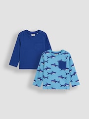 JoJo Maman Bébé Aqua/Blue 2-Pack Printed & Plain Tops - Image 1 of 7