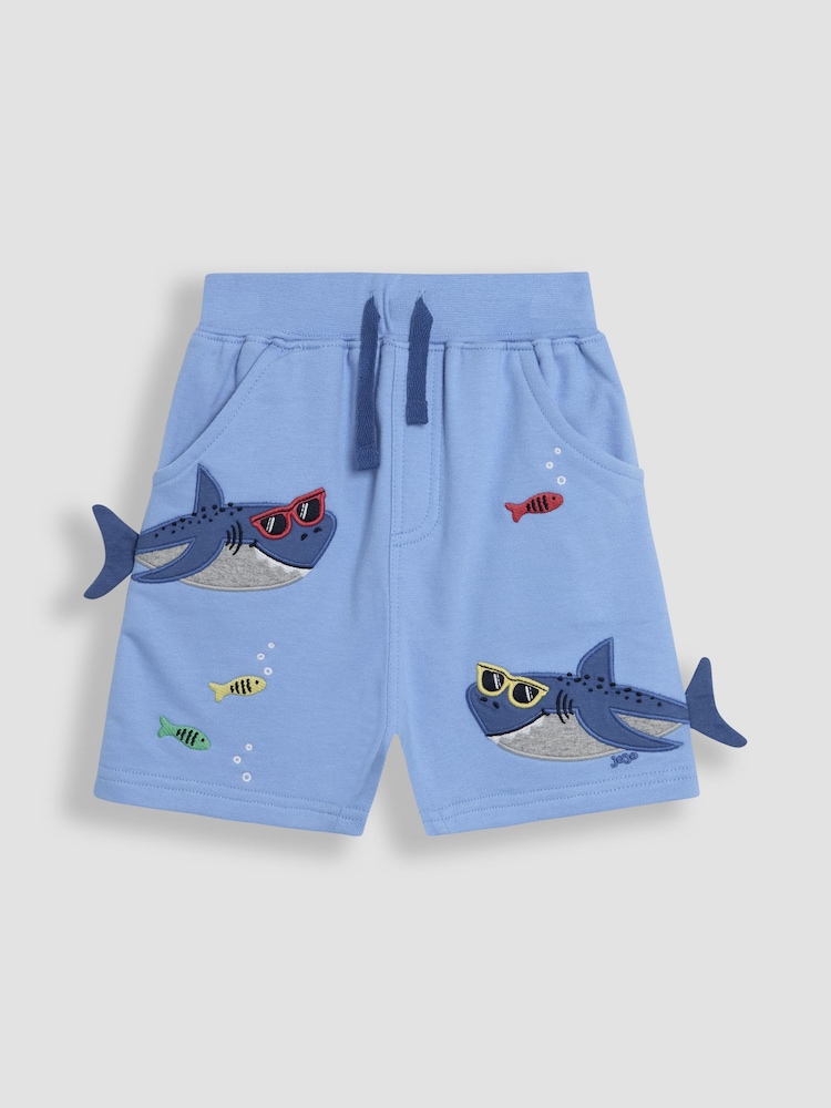 JoJo Maman Bébé Blue Shark Appliqué Shorts - Image 1 of 4