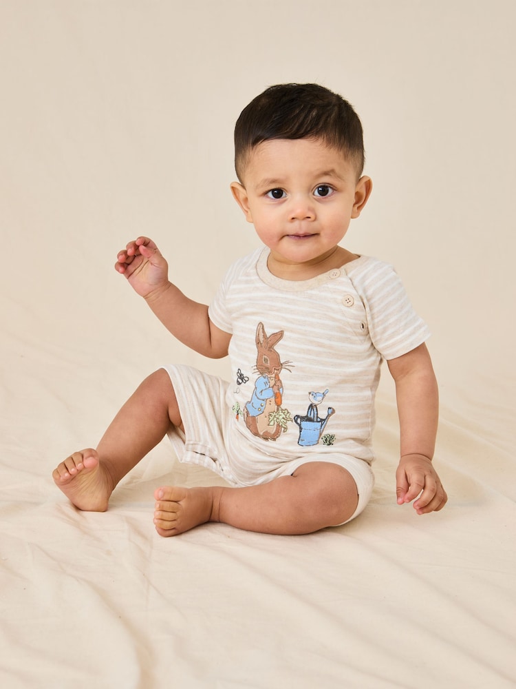 JoJo Maman Bébé Stone Peter Rabbit™ Appliqué 100% Cotton Romper - Image 2 of 3