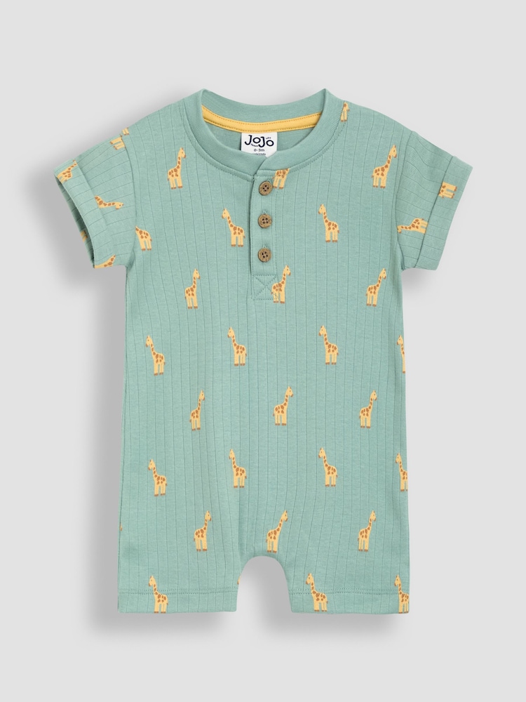 JoJo Maman Bébé Sage Green Giraffe Ribbed 100% Cotton Romper - Image 1 of 3