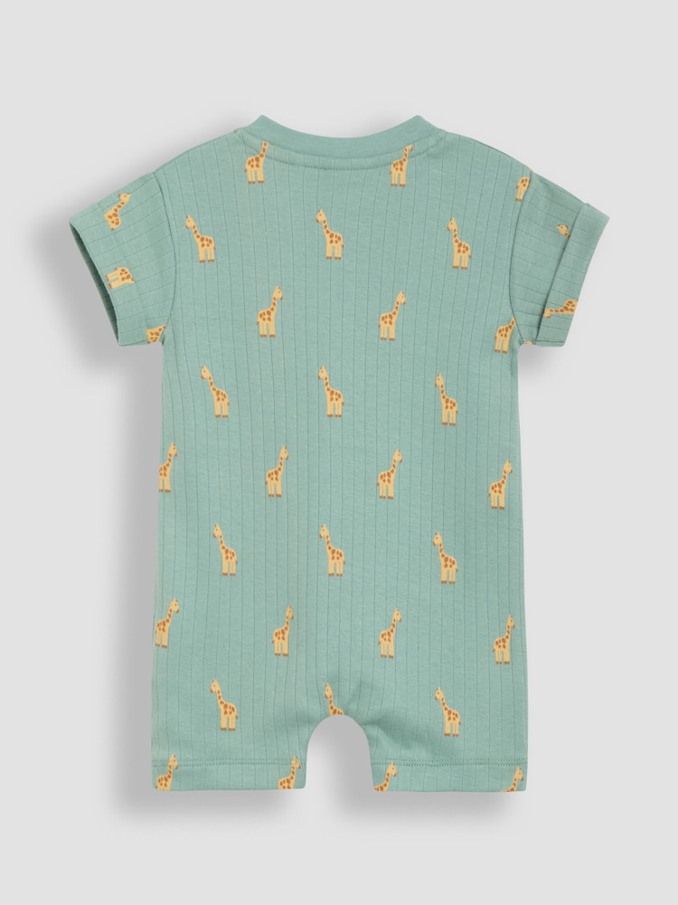 JoJo Maman Bébé Sage Green Giraffe Ribbed 100% Cotton Romper - Image 2 of 3