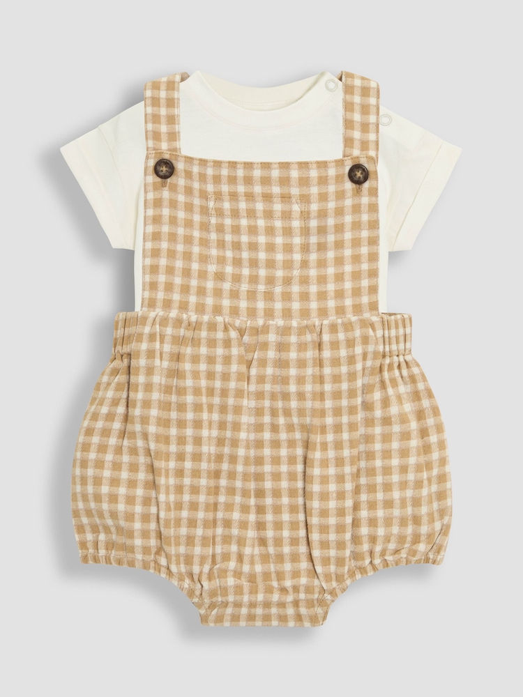 JoJo Maman Bébé Brown Textured Gingham 100% Cotton Romper Set - Image 2 of 9