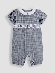 JoJo Maman Bébé Navy Gingham Nautical Embroidered Smock Romper - Image 1 of 3