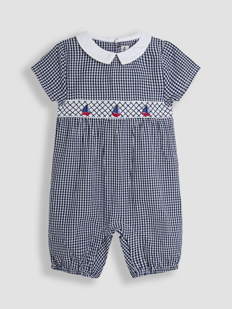 JoJo Maman Bébé Navy Gingham Nautical Embroidered Smock Romper - Image 1 of 3