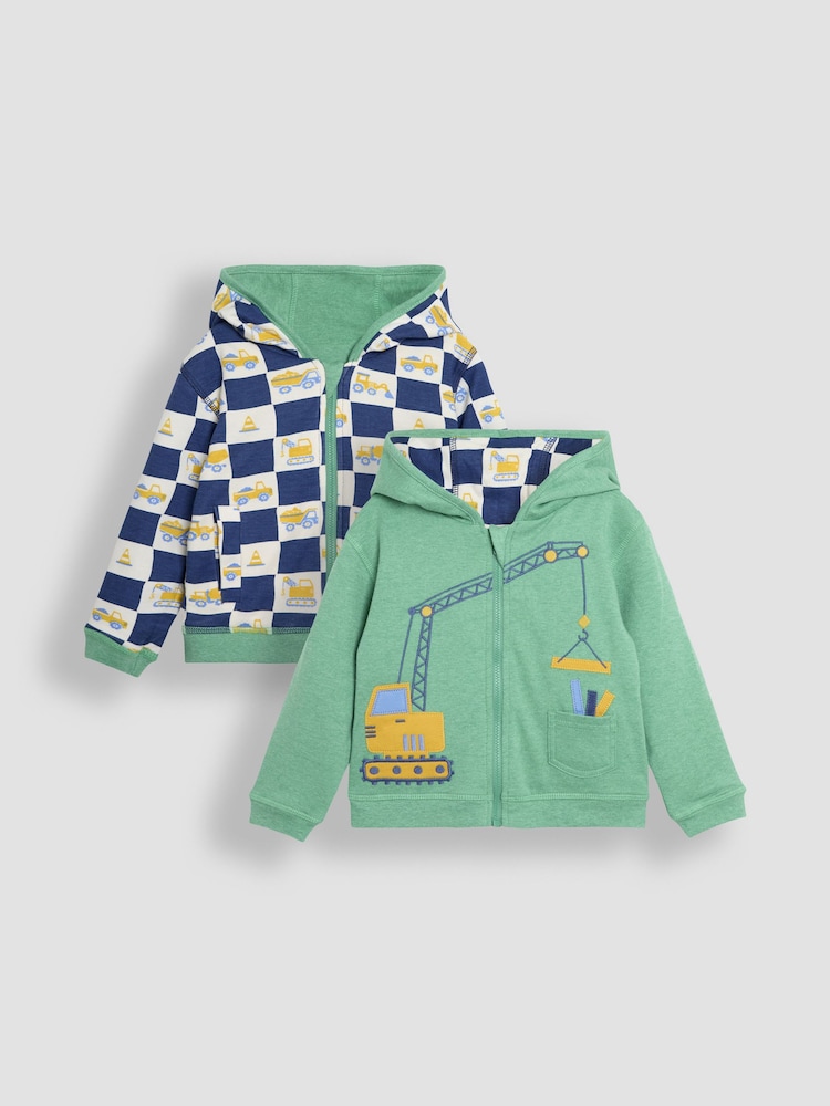 JoJo Maman Bébé Green Construction Vehicle Appliqué Reversible Hoodie - Image 1 of 8