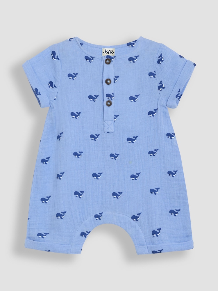 JoJo Maman Bébé Blue Whale Cheesecloth Button Front Romper - Image 1 of 3
