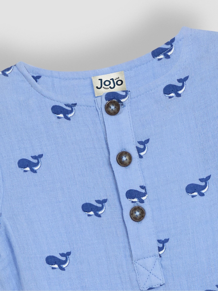 JoJo Maman Bébé Blue Whale Cheesecloth Button Front Romper - Image 3 of 3