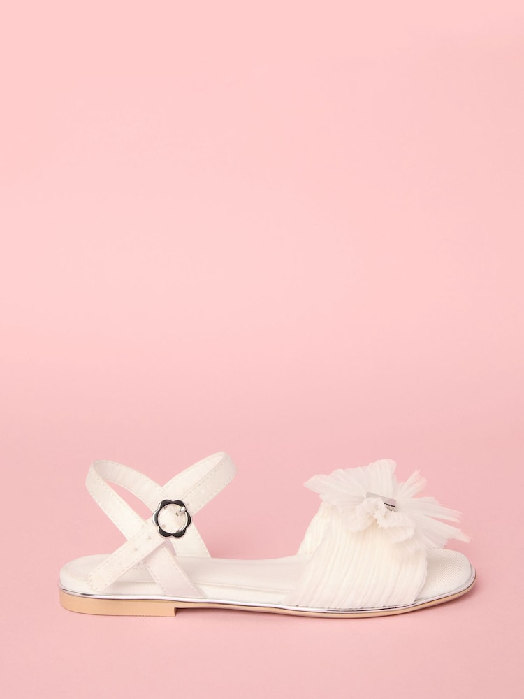 Lipsy White Low Block Heel Plisse Bow Occasion Sandals - Image 2 of 5