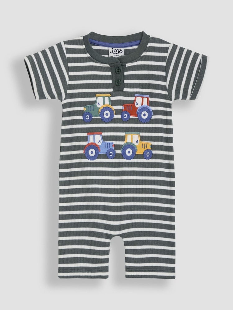 JoJo Maman Bébé Khaki Green Tractor Dino Scene Romper - Image 1 of 3
