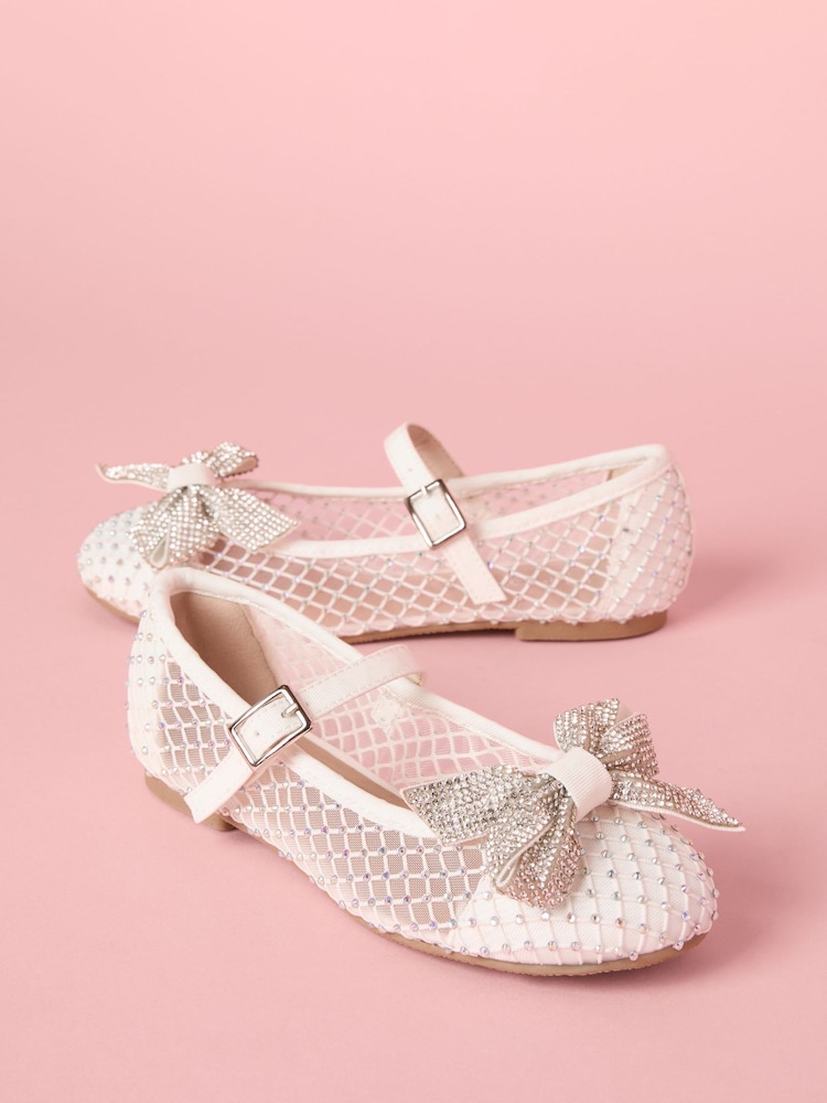 Lipsy White Flat Diamante Bow Occasion Ballerina Pumps - Image 1 of 5