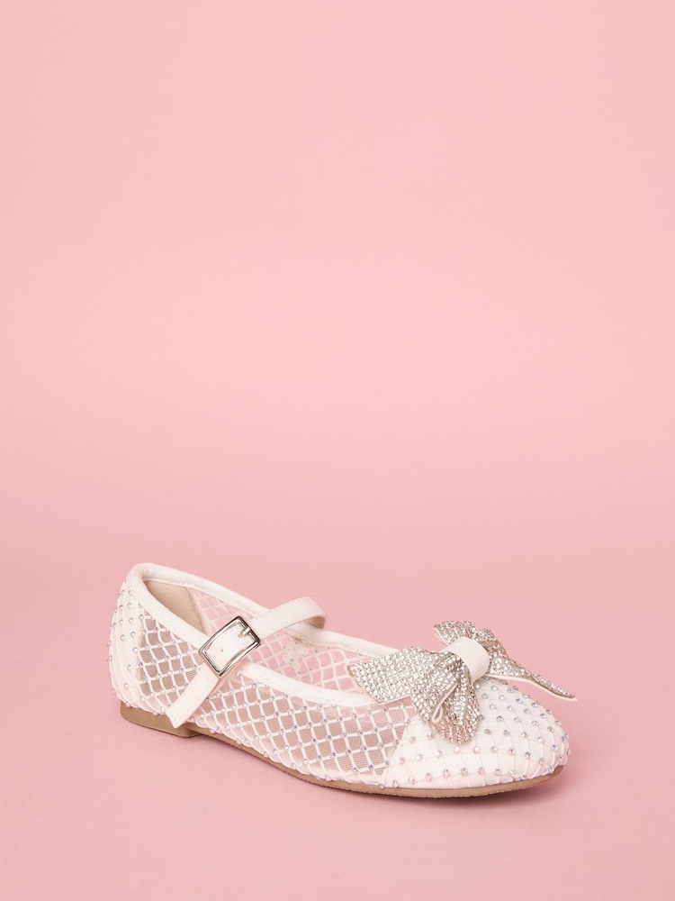 Lipsy White Flat Diamante Bow Occasion Ballerina Pumps - Image 3 of 4