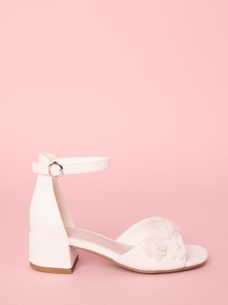 Lipsy White Low Block Heel Flower Corsage Occasion Sandals - Image 1 of 5