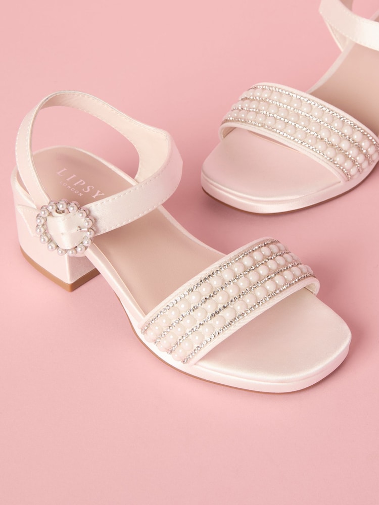 Lipsy White Low Block Heel Platform Pearl Occasion Sandals - Image 1 of 5