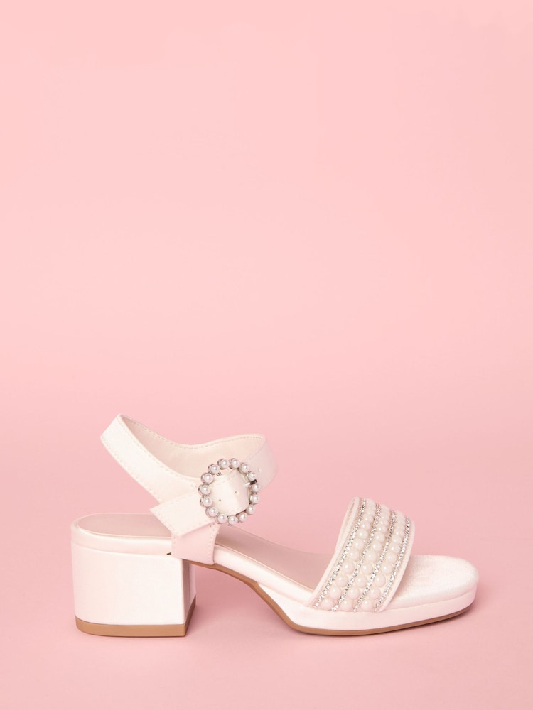 Lipsy White Low Block Heel Platform Pearl Occasion Sandals - Image 2 of 5