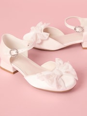 Lipsy White Low Block Heel Pearl Bow Occasion Flower Girl Heeled Sandals - Image 1 of 5