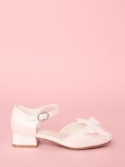 Lipsy White Low Block Heel Pearl Bow Occasion Flower Girl Heeled Sandals - Image 2 of 5