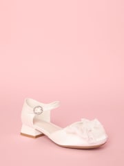Lipsy White Low Block Heel Pearl Bow Occasion Flower Girl Heeled Sandals - Image 3 of 5