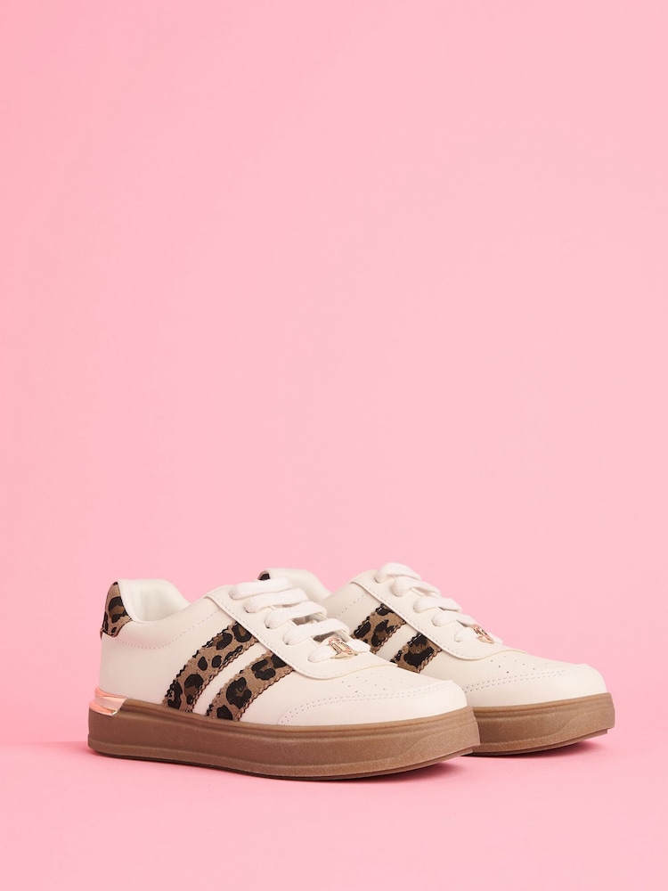 Lipsy White Leopard Slim Flat Sole Stripe Gum Outsole Trainers - Image 2 of 5