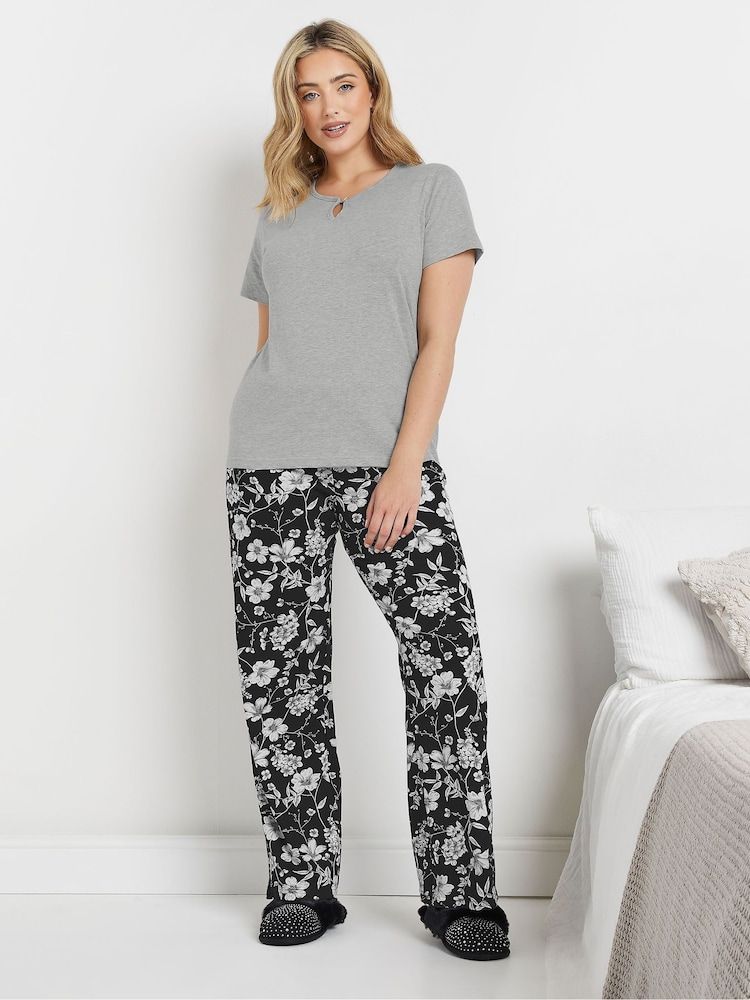 M&Co Grey Floral Short Sleeve Wide Leg Pyjamas Set - Image 1 of 4