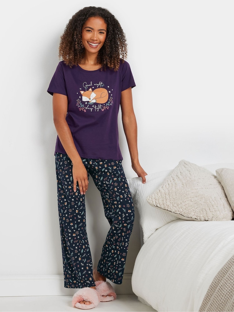 M&Co 100% Cotton Goodnight Fox Short Sleeve Wide Leg Pyjamas Set - صورة 2 من 5