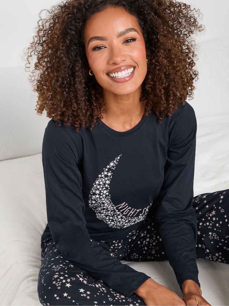M&Co Blue 100% Cotton Night Sky Long Sleeve Wide Leg Set - Image 3 of 5
