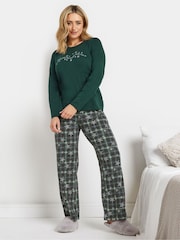 M&Co Green Star Check Long Sleeve Wide Leg Pyjamas Set - Image 1 of 5