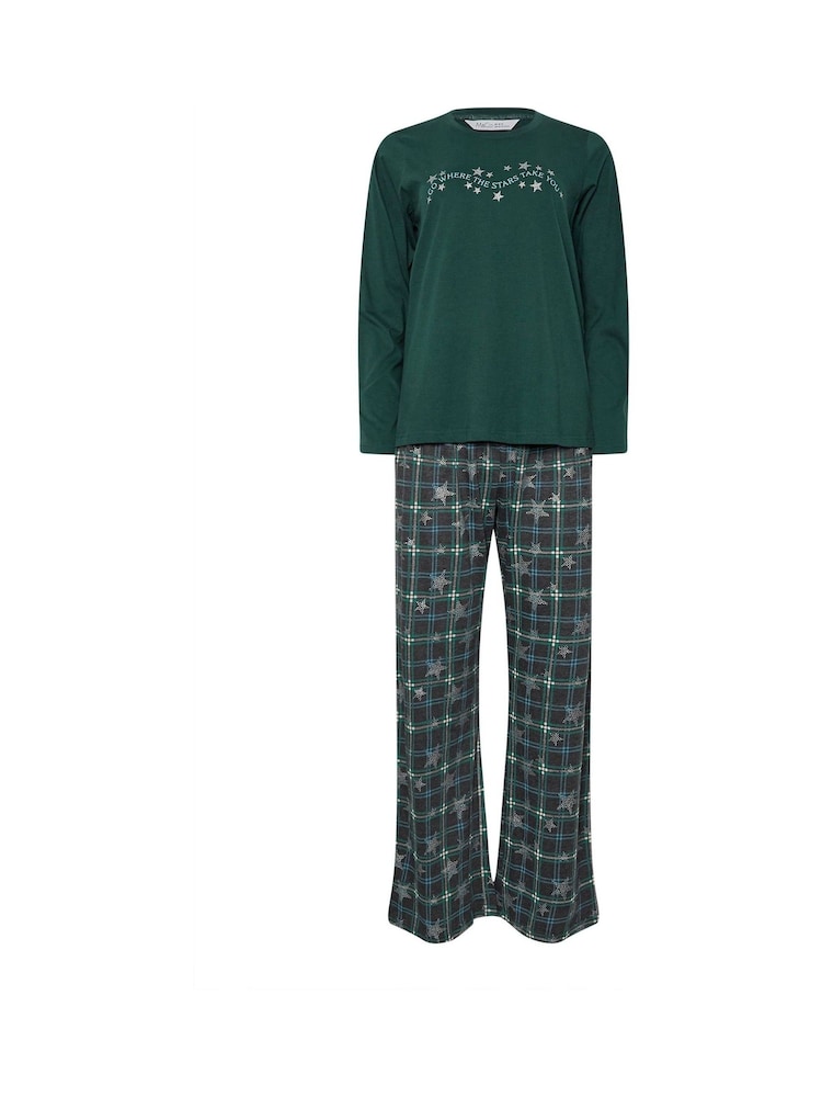 M&Co Green Star Check Long Sleeve Wide Leg Pyjamas Set - Image 5 of 5