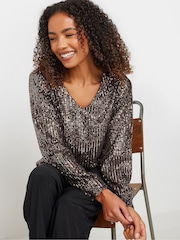 M&Co Gold V-Neck Long Sleeve Sequin Top - Image 1 of 5