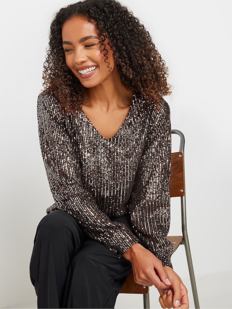 M&Co Gold V-Neck Long Sleeve Sequin Top - Image 1 of 5
