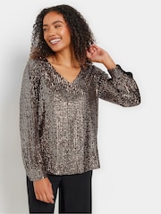 M&Co Gold V-Neck Long Sleeve Sequin Top - Image 2 of 5