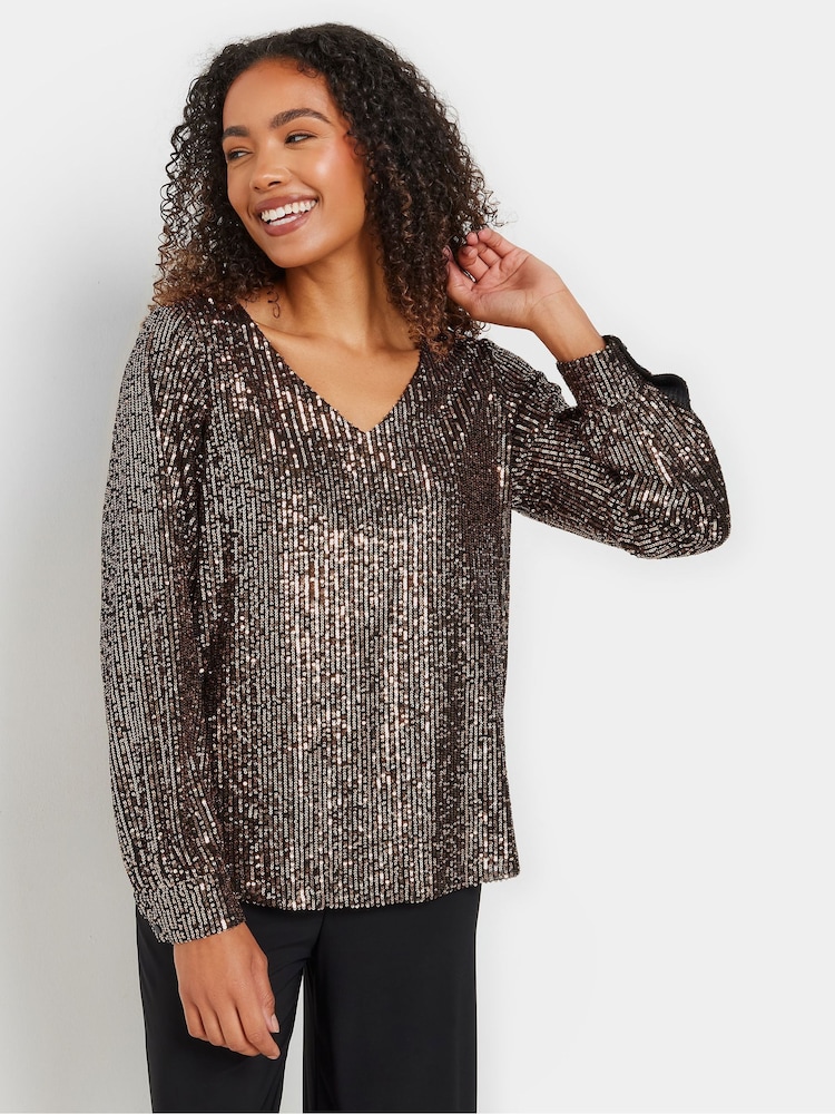 M&Co Gold V-Neck Long Sleeve Sequin Top - Image 2 of 5