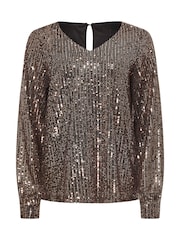M&Co Gold V-Neck Long Sleeve Sequin Top - Image 5 of 5