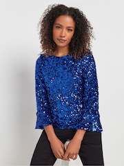 M&Co Blue Sequin Flute Sleeve Top - Image 1 of 5