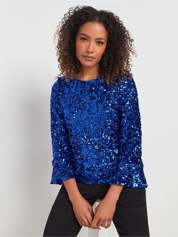 M&Co Blue Sequin Flute Sleeve Top - Image 1 of 5