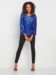 M&Co Blue Sequin Flute Sleeve Top - Image 2 of 5