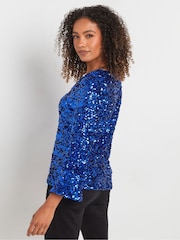 M&Co Blue Sequin Flute Sleeve Top - Image 3 of 5