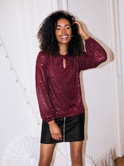 M&Co Red Keyhole Sequin Long Sleeve Top - Image 1 of 6