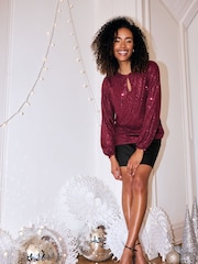 M&Co Red Keyhole Sequin Long Sleeve Top - Image 3 of 6