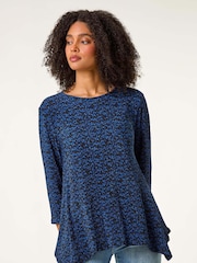 Roman Blue Printed Plisse Hanky Hem Tunic Stretch Top - Image 1 of 5